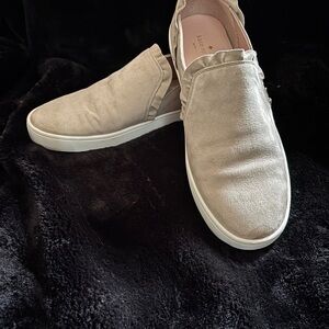 Kate Spade Lilly Ruffle Suede Slip On Sneakers in Taupe